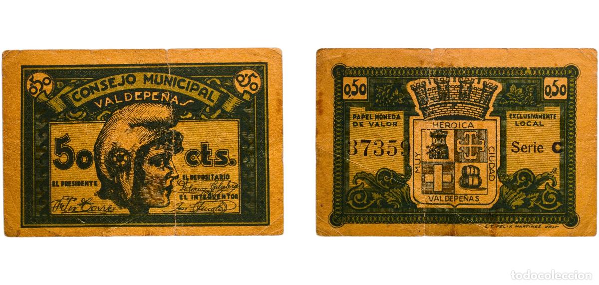 Monedas antiguas de Europa: Spain 1937 50 Centimos Valdepe&ntilde;as Jaen Paper VF