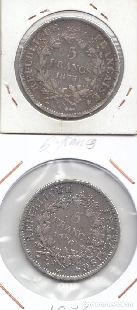 Monedas antiguas de Europa: FRANCIA. Monedas de 5 Fr. de Plata de 1875-A y 1876-A. BC.