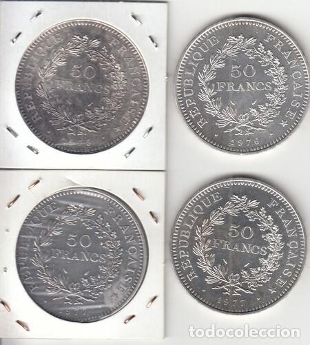 Monedas antiguas de Europa: FRANCIA. Monedas de 50 Fr. de Plata de 1975, 1976 y 1977. MBC/EBC