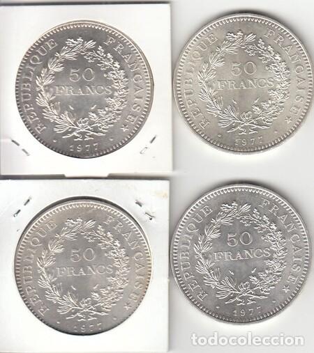 Monedas antiguas de Europa: FRANCIA. Cuatro monedas de 50 Fr. de Plata de 1977. Sin circular.