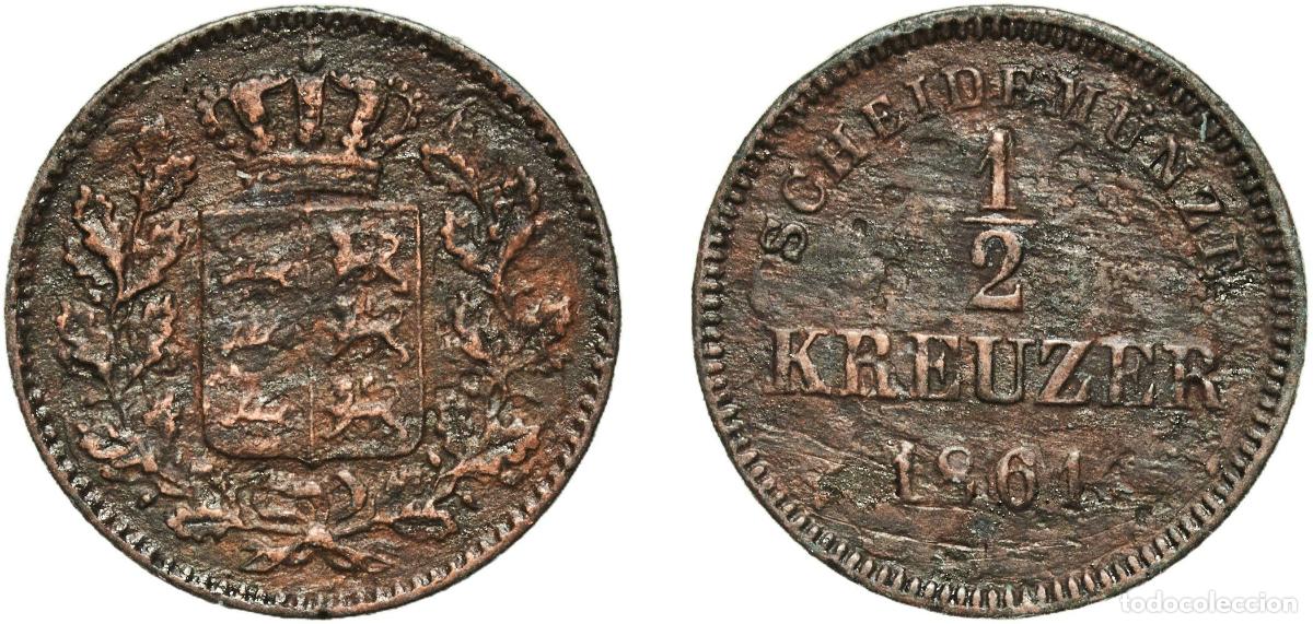 Monedas antiguas de Europa: Germany Kingdom of W&uuml;rttemberg German states 1861 &frac12; Kreuzer - Wilhelm I Copper Staatliche M&uuml;nze Bad