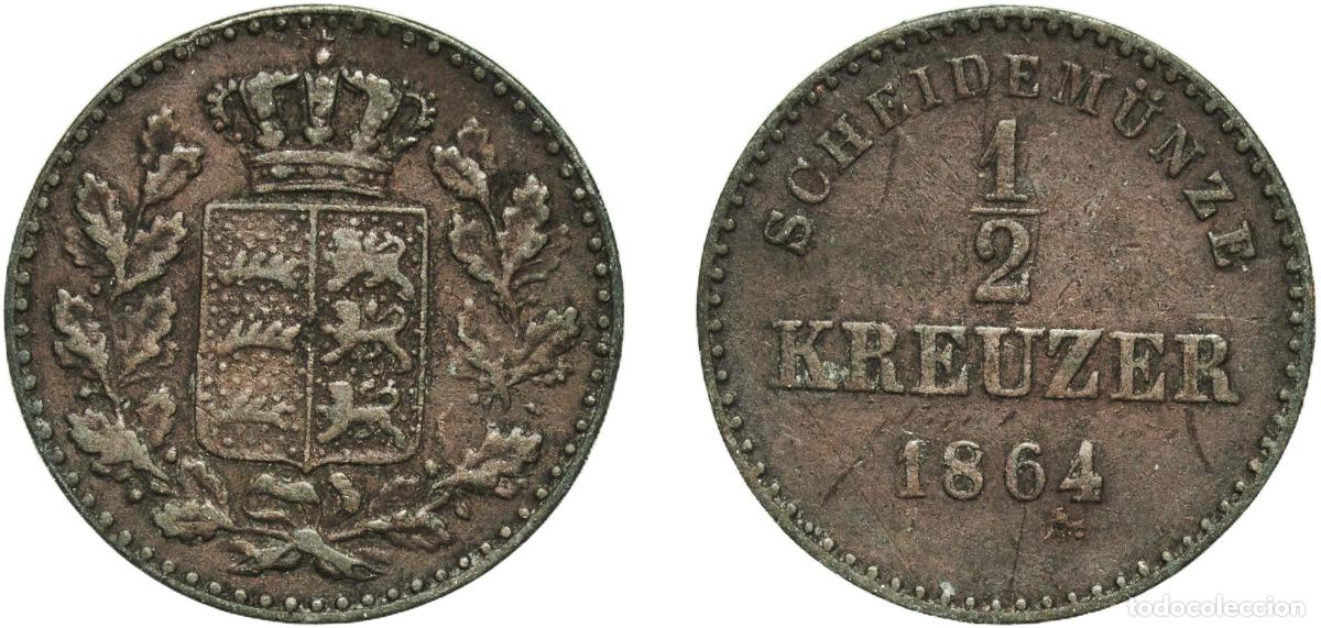 Monedas antiguas de Europa: Germany Kingdom of W&uuml;rttemberg German states 1864 &frac12; Kreuzer - Wilhelm I Copper Staatliche M&uuml;nze Bad