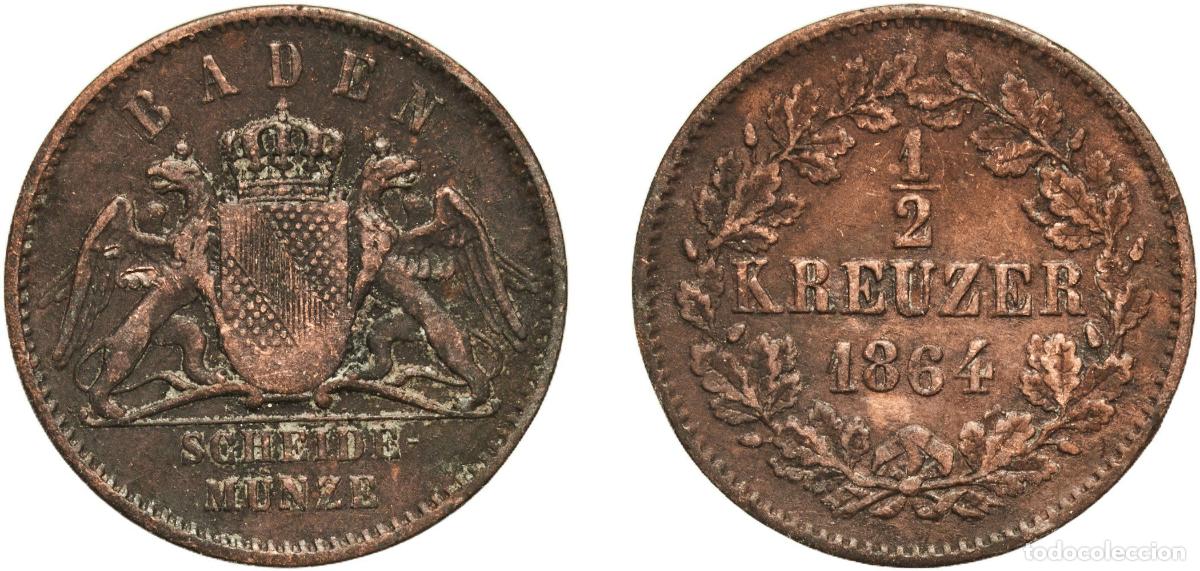 Monedas antiguas de Europa: Germany Grand Duchy of Baden German states 1864 &frac12; Kreuzer - Friedrich I Copper Staatliche M&uuml;nze Bad