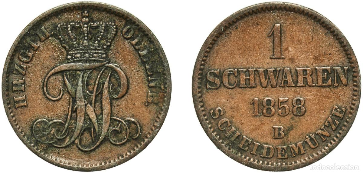 Monedas antiguas de Europa: Germany Grand duchy of Oldenburg German states 1858 B 1 Schwaren - Peter II Copper Hanover Mint (10