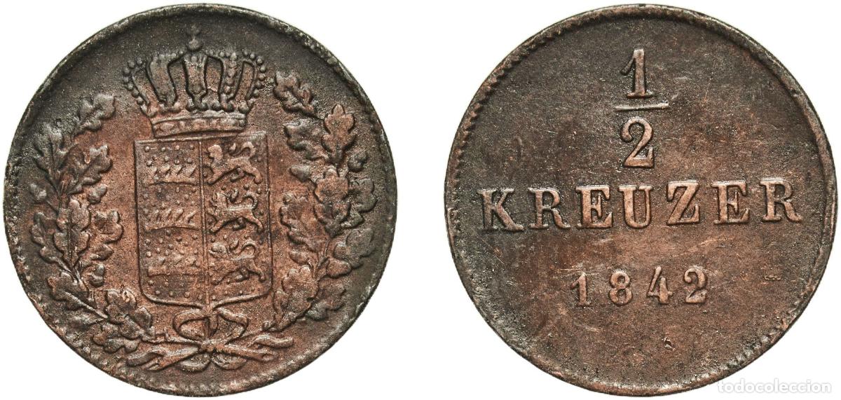 Monedas antiguas de Europa: Germany Kingdom of W&uuml;rttemberg Kingdom of W&uuml;rttemberg German States 1842 &frac12; Kreuzer - Wilhelm I Copp