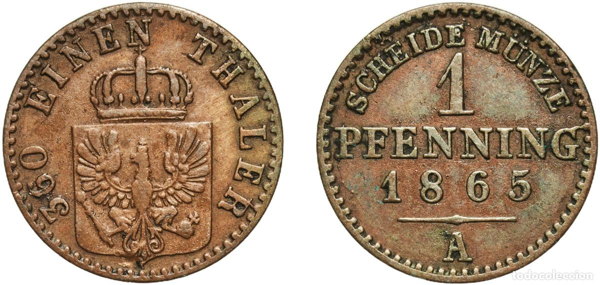 Monedas antiguas de Europa: Germany Kingdom of Prussia German states 1865 A 1 Pfenning - Wilhelm I Copper Berlin Mint 1.36g XF