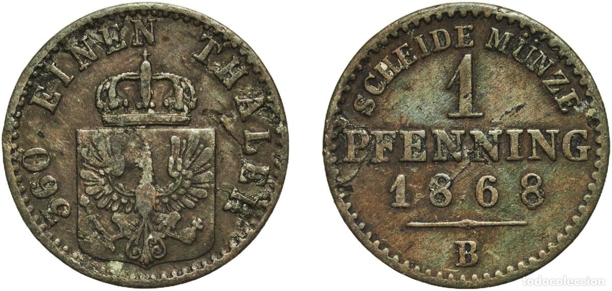 Monedas antiguas de Europa: Germany Kingdom of Prussia German states 1868 B 1 Pfenning - Wilhelm I Copper Hanover Mint 1.46g VF