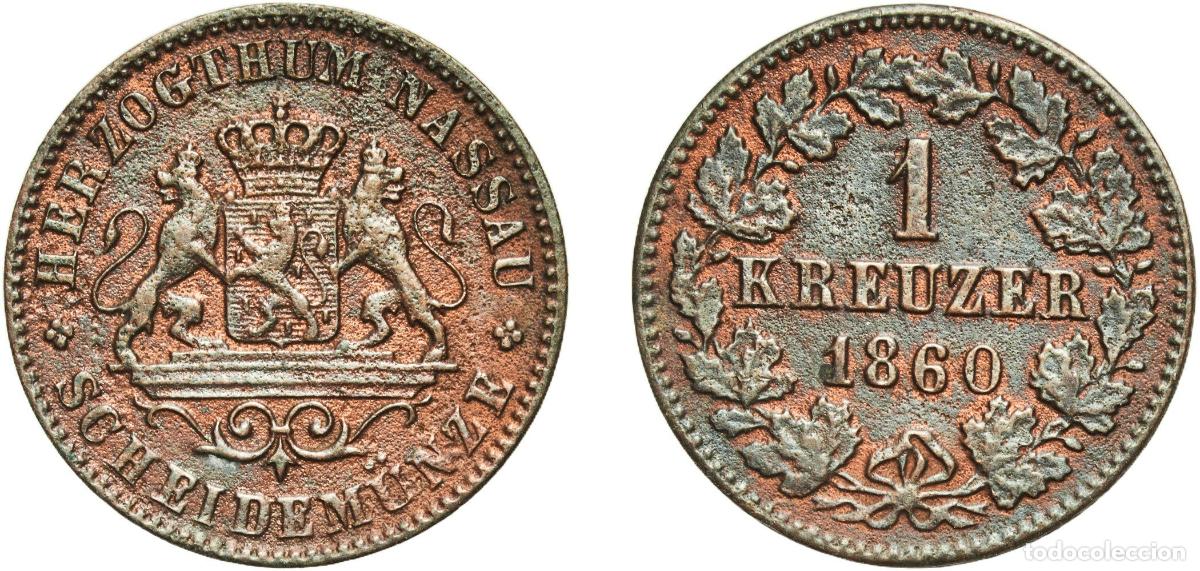 Monedas antiguas de Europa: Germany Duchy of Nassau German states 1860 1 Kreuzer - Adolphe Copper Wiesbaden Mint (609650) 3.81g