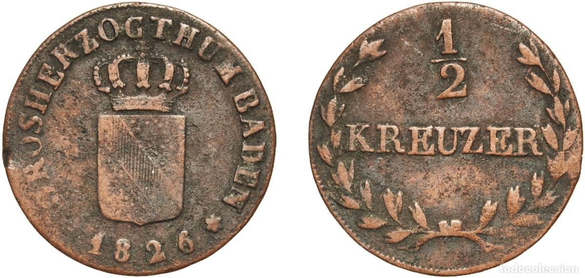 Monedas antiguas de Europa: Germany Grand Duchy of Baden German states 1826 &frac12; Kreuzer - Louis I Copper (191000) 2.08g F KM 186
