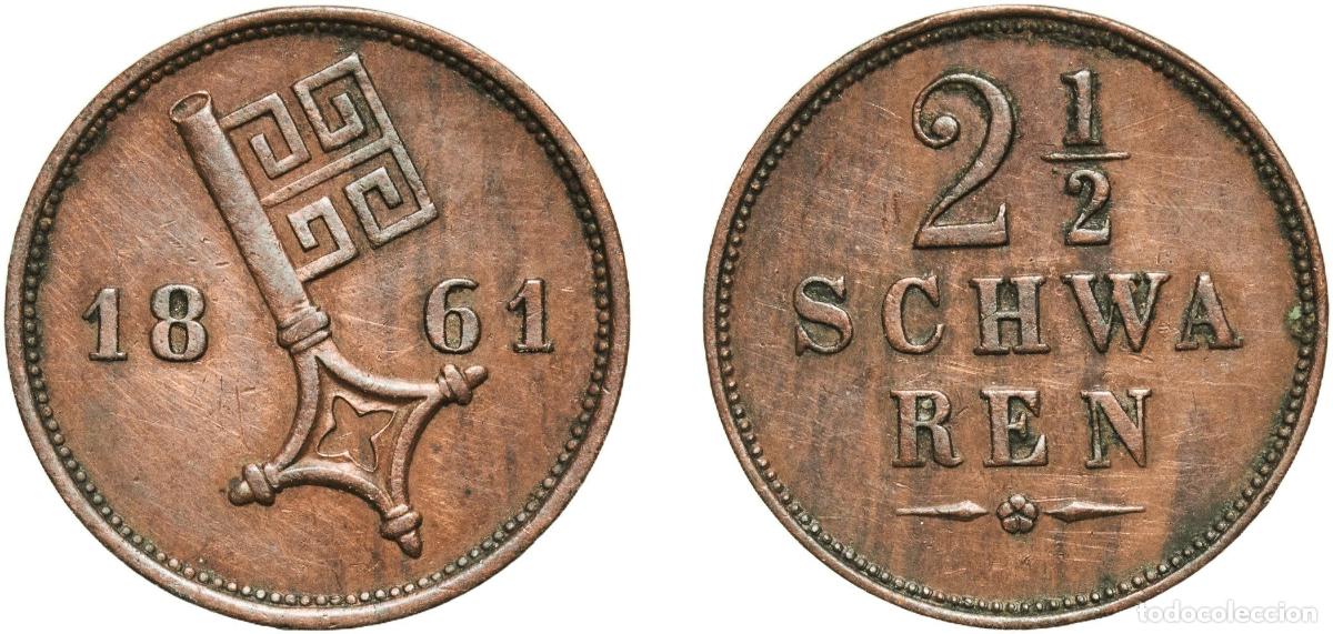 Monedas antiguas de Europa: Germany City of Bremen German states 1861 2&frac12; Schwaren Copper Bremen Mint (43200) 3.26g XF AKS 12 J