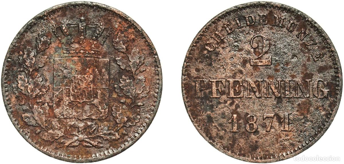 Monedas antiguas de Europa: Germany Kingdom of Bavaria German states 1871 2 Pfenning - Maximilian II, Ludwig II Copper Munich M