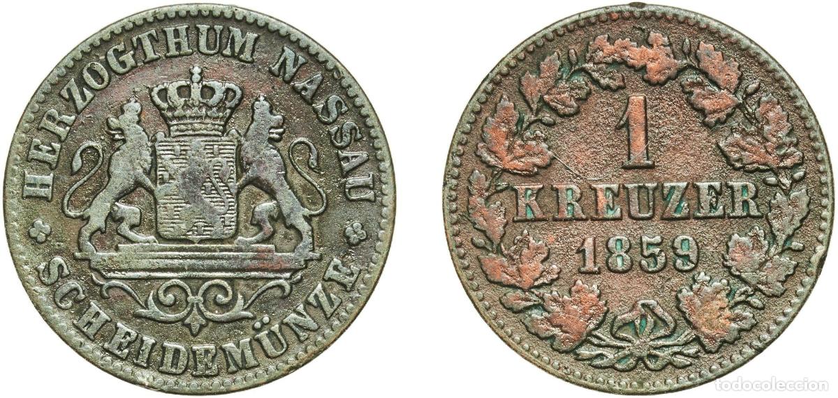 Monedas antiguas de Europa: Germany Duchy of Nassau German states 1859 1 Kreuzer - Adolphe Copper Wiesbaden Mint (835500) 4.07g