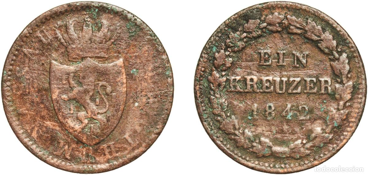 Monedas antiguas de Europa: Germany Duchy of Nassau German states 1842 1 Kreuzer - Adolph Copper Wiesbaden Mint (479800) 3.75g