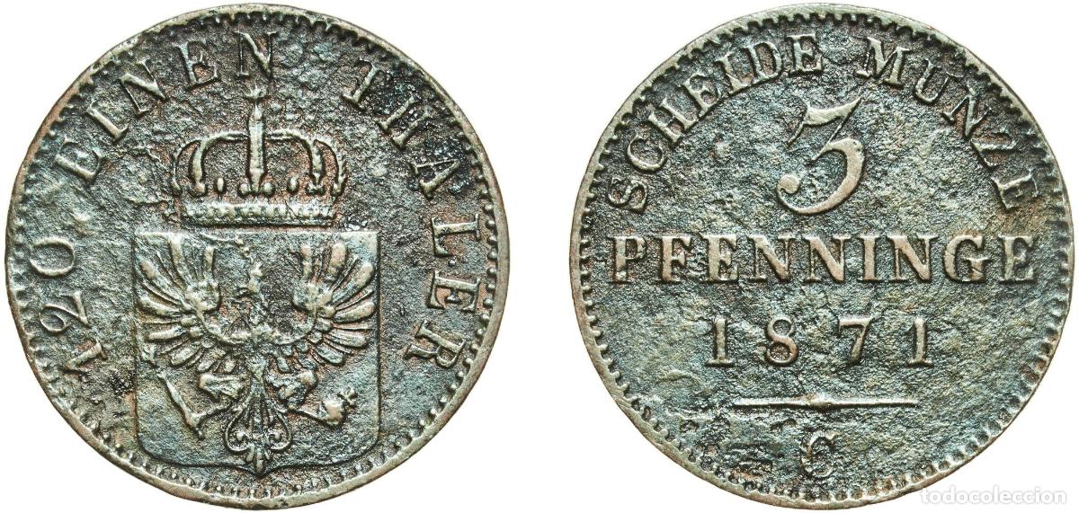 Monedas antiguas de Europa: Germany Kingdom of Prussia Kingdom of Prussia Second Empire 1871 C 3 Pfenninge - William I Copper F