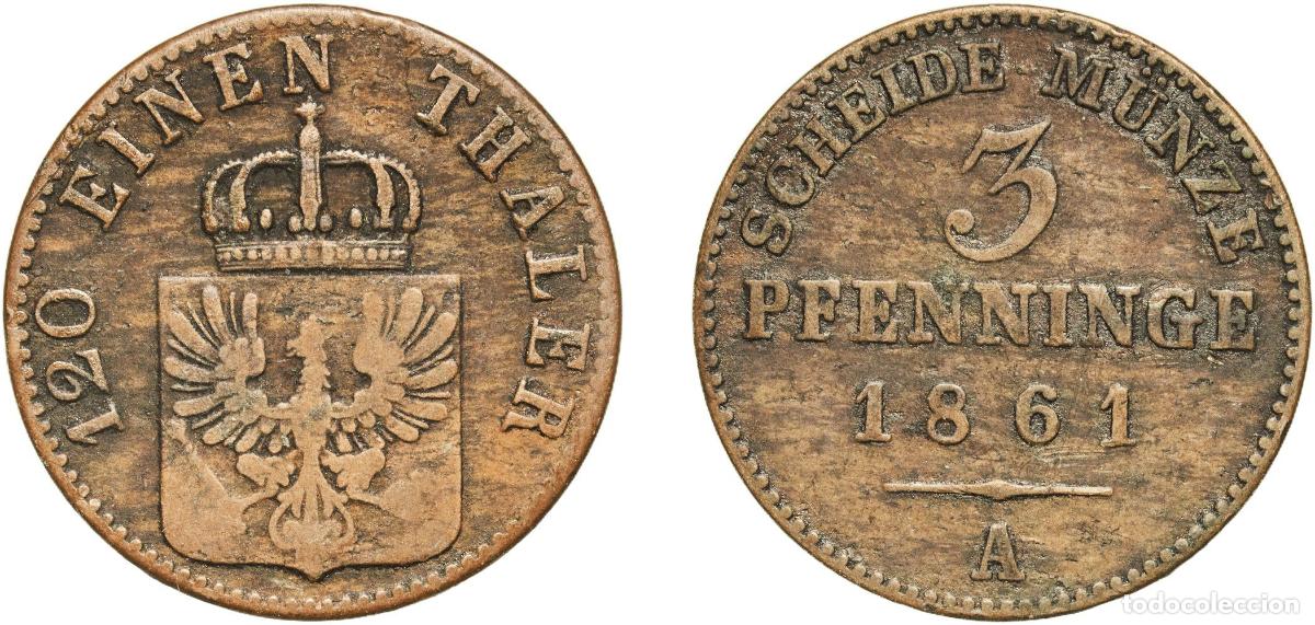 Monedas antiguas de Europa: Germany Kingdom of Prussia Kingdom of Prussia Second Empire 1861 A 3 Pfenninge - William I Copper B