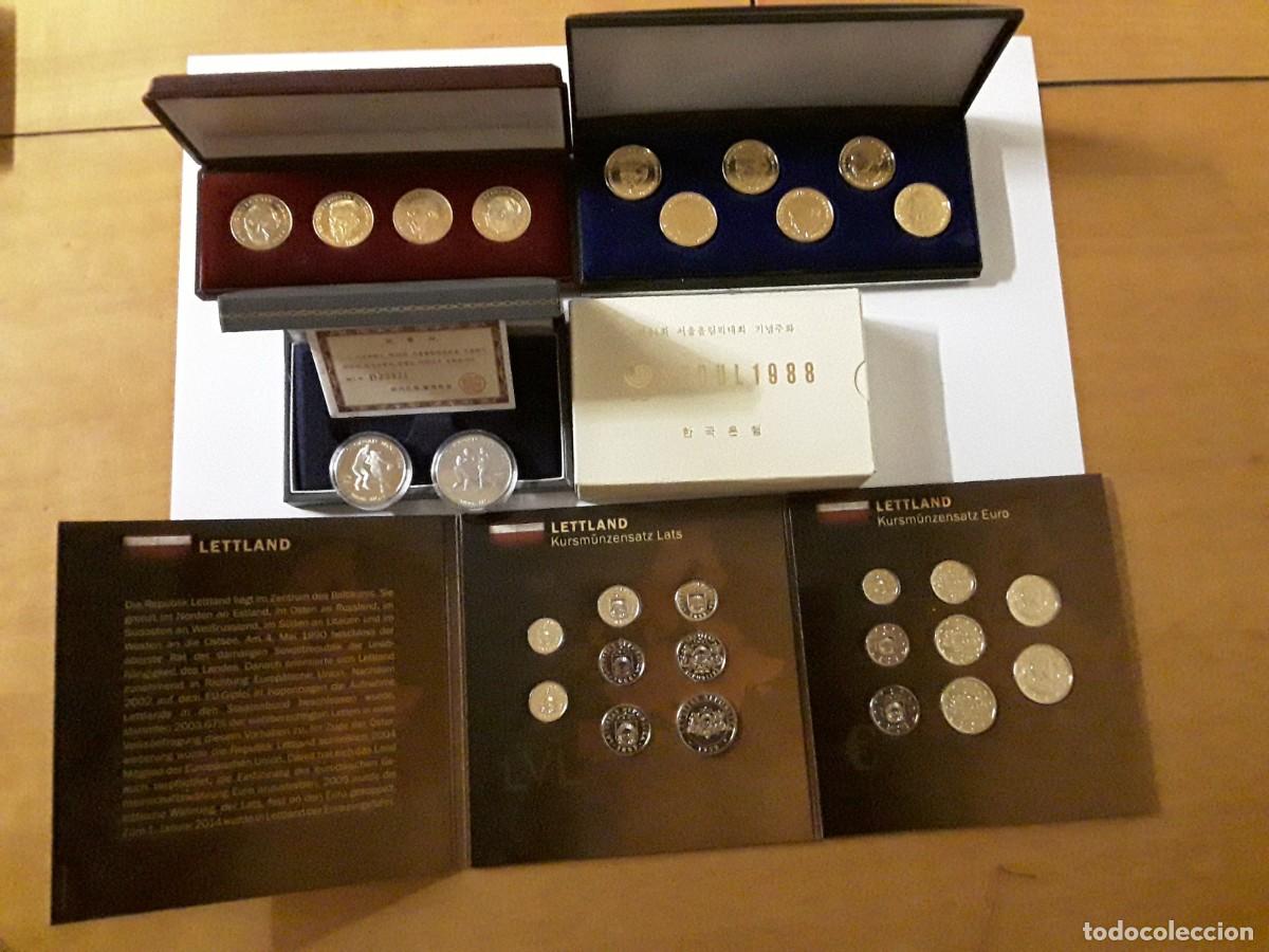 Monedas antiguas de Europa: LOTE RAROS ESTCHES CONMEMORATIVOS MONEDAS ALEMANIA, COREA NORTE Y CARTERA DOBLE DE LETONIA.