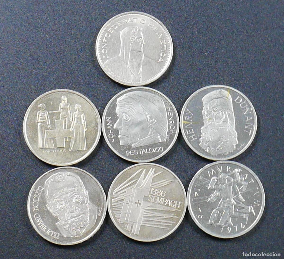 Monedas antiguas de Europa: Suiza &ndash; Lote 7 monedas de 5 Francos 1970-1986 &ndash; Pestalozzi, Dunant, Sempach y conmemorativas