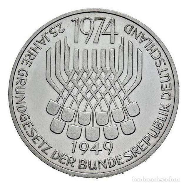 Monedas antiguas de Europa: ALEMANIA 5 marcos plata 1974 F - 25 aniversario de la Ley Constitucional 5 mark