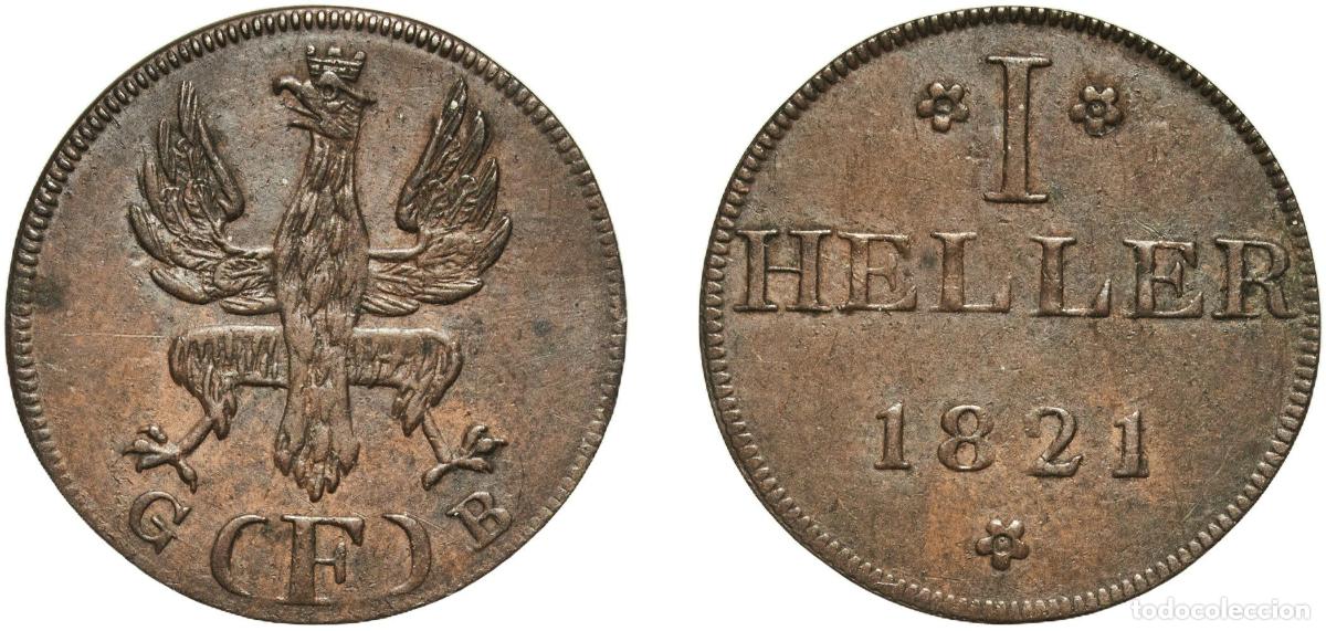 Monedas antiguas de Europa: Germany Free imperial city of Frankfurt German states 1821 F 1 Heller Copper Frankfurt am Main Mint