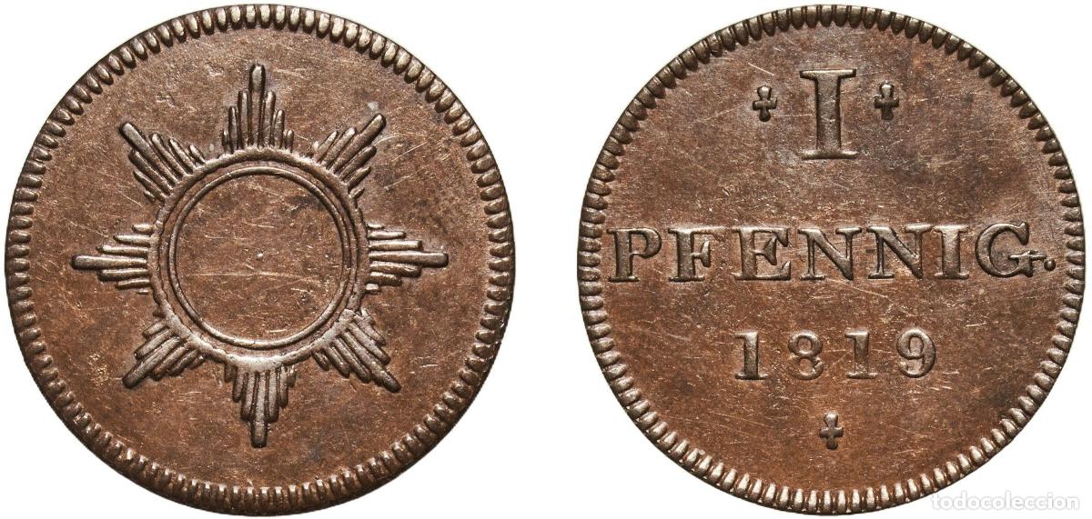 Monedas antiguas de Europa: Germany Free imperial city of Frankfurt German states 1819 1 Pfennig &rdquo;Judenpfennig&rdquo; Copper 1.16g XF