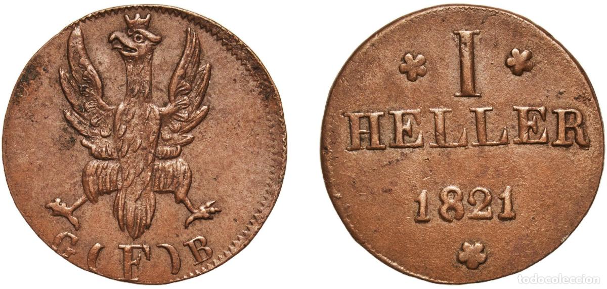 Monedas antiguas de Europa: Germany Free imperial city of Frankfurt German states 1821 F 1 Heller Copper Frankfurt am Main Mint