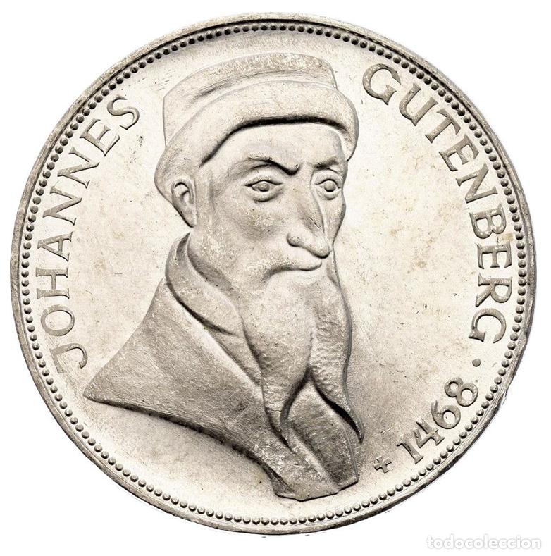 Monedas antiguas de Europa: ALEMANIA 5 marcos plata 1969 G - Johannes Gutenberg - 5 mark silver