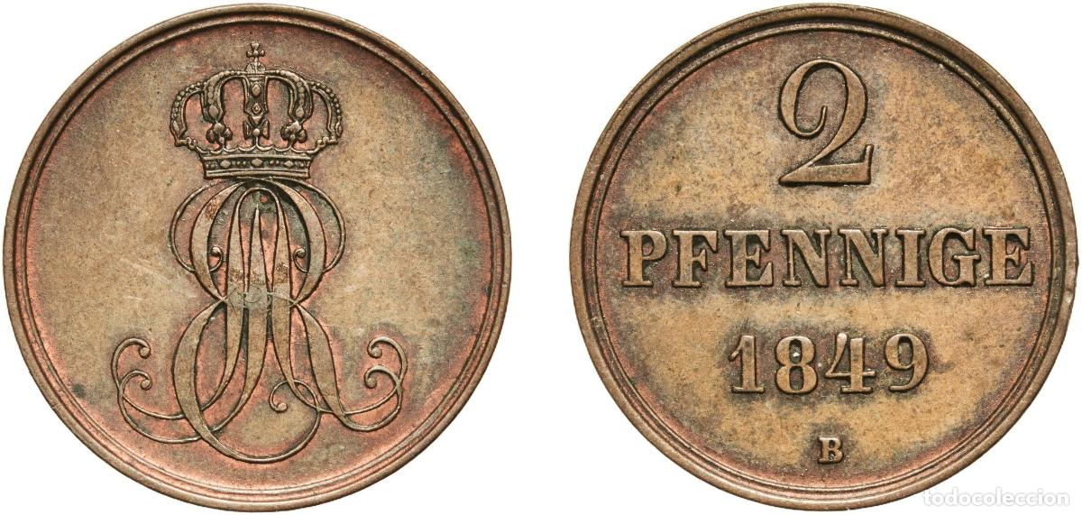 Monedas antiguas de Europa: Germany Kingdom of Hannover Kingdom of Hannover German States 1849 B 2 Pfennige - Ernest August Cop