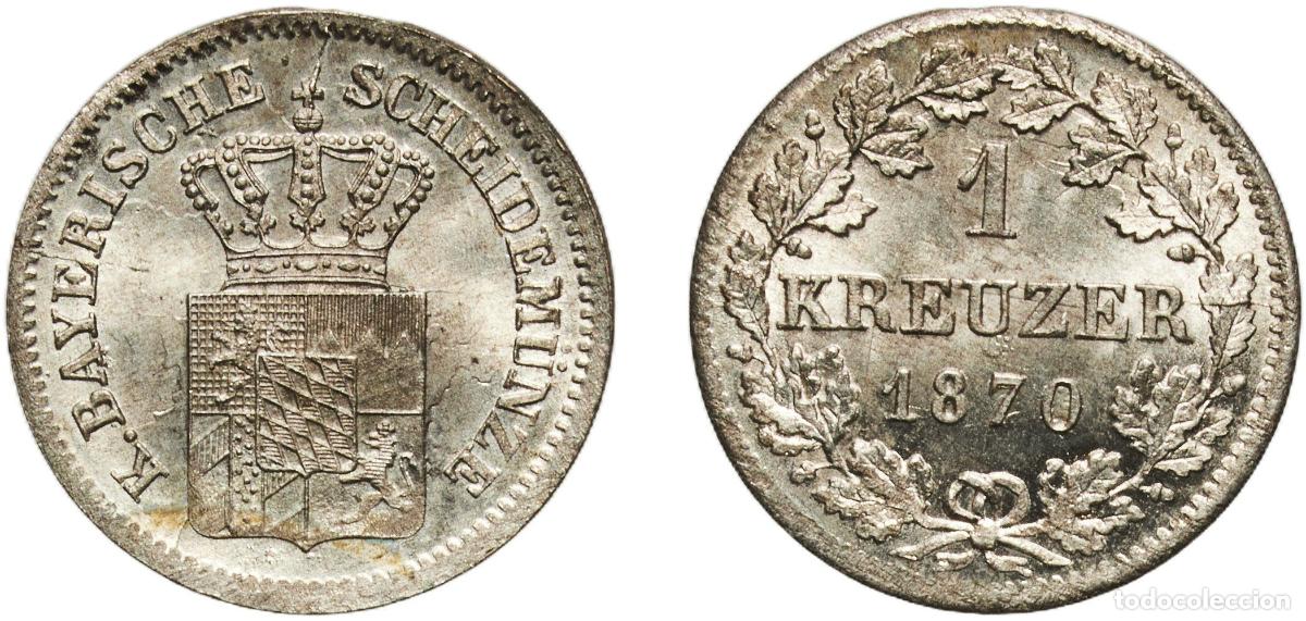 Monedas antiguas de Europa: Germany Kingdom of Bavaria German states 1870 1 Kreuzer - Louis II Original luster Billon (.166 sil