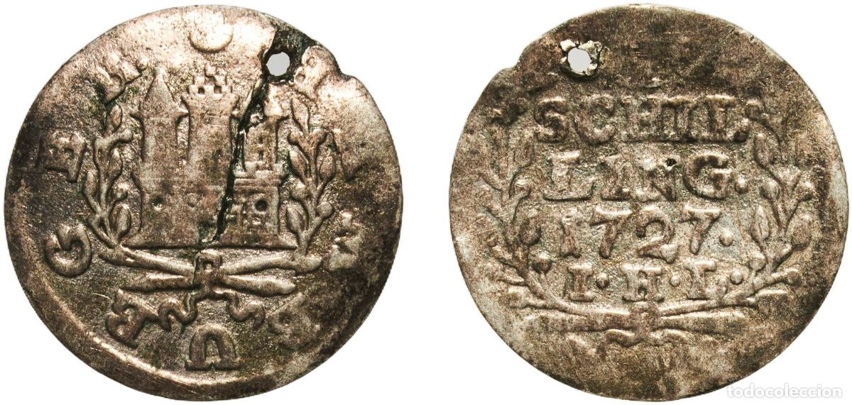 Monedas antiguas de Europa: Germany Free Hanseatic city of Hamburg German states 1727 IHT 1 Schilling Billon (.375 silver) Hamb