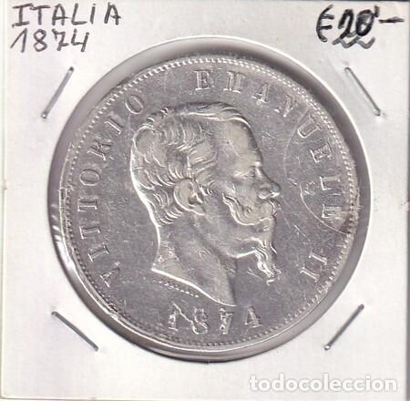 Monedas antiguas de Europa: ITALIA. Moneda de 5 Liras de Plata de 1874-M. Bonita. BC.