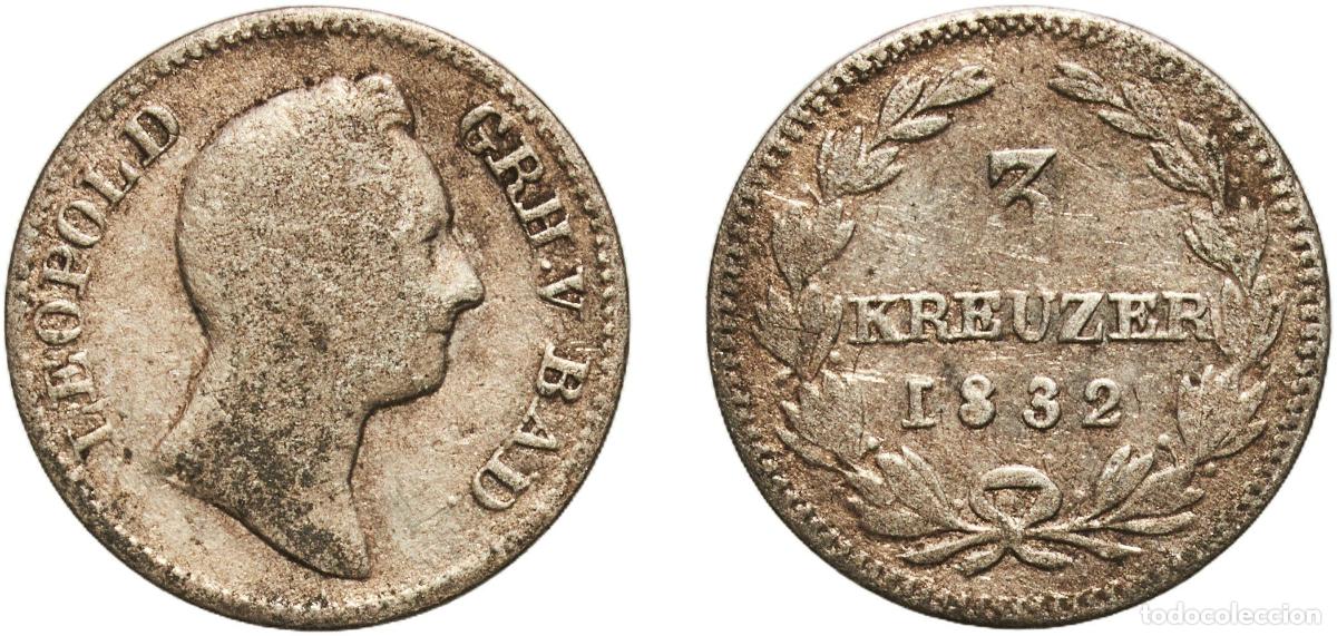 Monedas antiguas de Europa: Germany Grand Duchy of Baden German states 1832 3 Kreuzer - Leopold I Billon (.375 silver) (729000)
