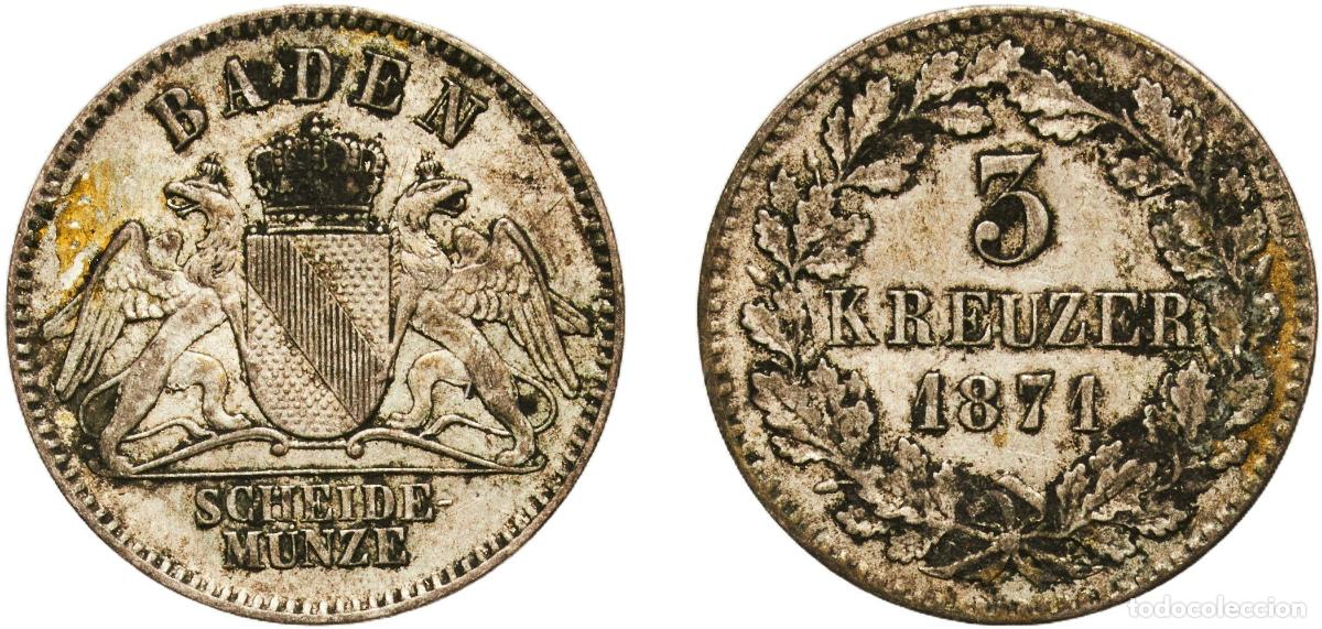 Monedas antiguas de Europa: Germany Grand Duchy of Baden German states 1871 3 Kreuzer - Friedrich I Billon (.350 silver) Staatl