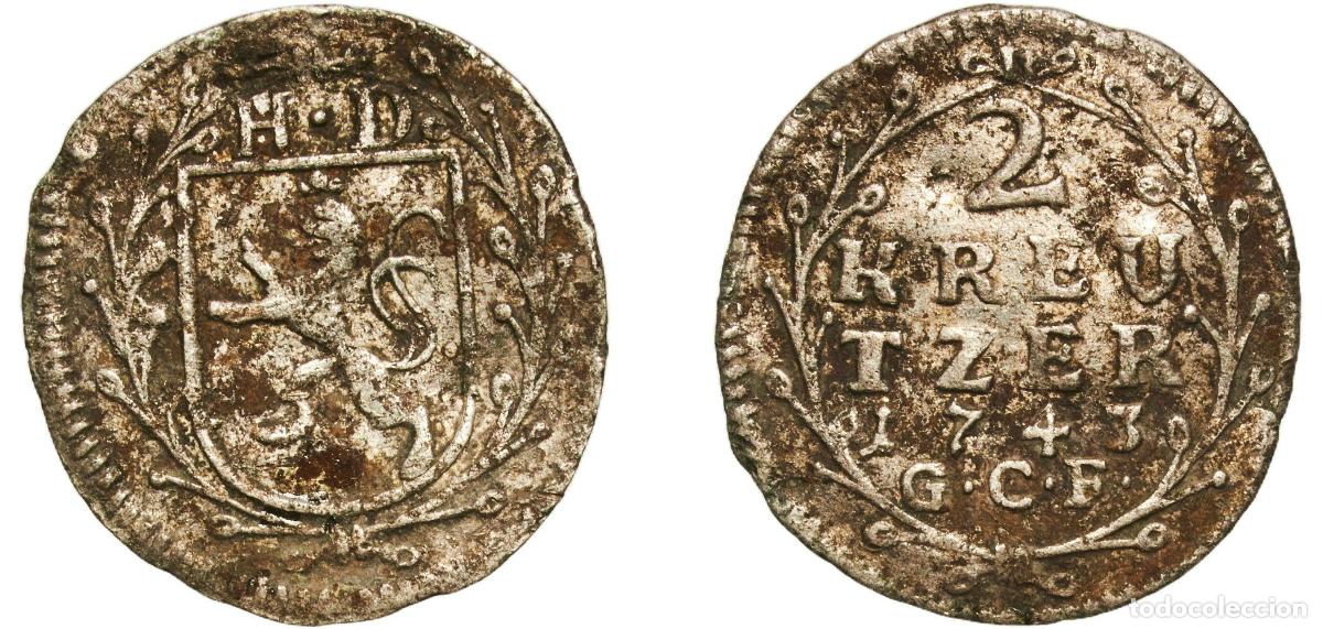 Monedas antiguas de Europa: Germany Grand Duchy of Hesse-Darmstadt German states 1743 GCF 2 Kreuzers- Louis VIII Billon Darmsta