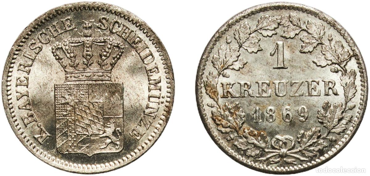 Monedas antiguas de Europa: Germany Kingdom of Bavaria German states 1869 1 Kreuzer - Louis II Original luster Billon (.166 sil
