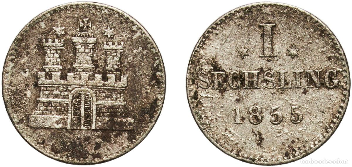 Monedas antiguas de Europa: Germany Free Hanseatic city of Hamburg German states 1855 1 Sechsling Billon (.250 silver) (1841000