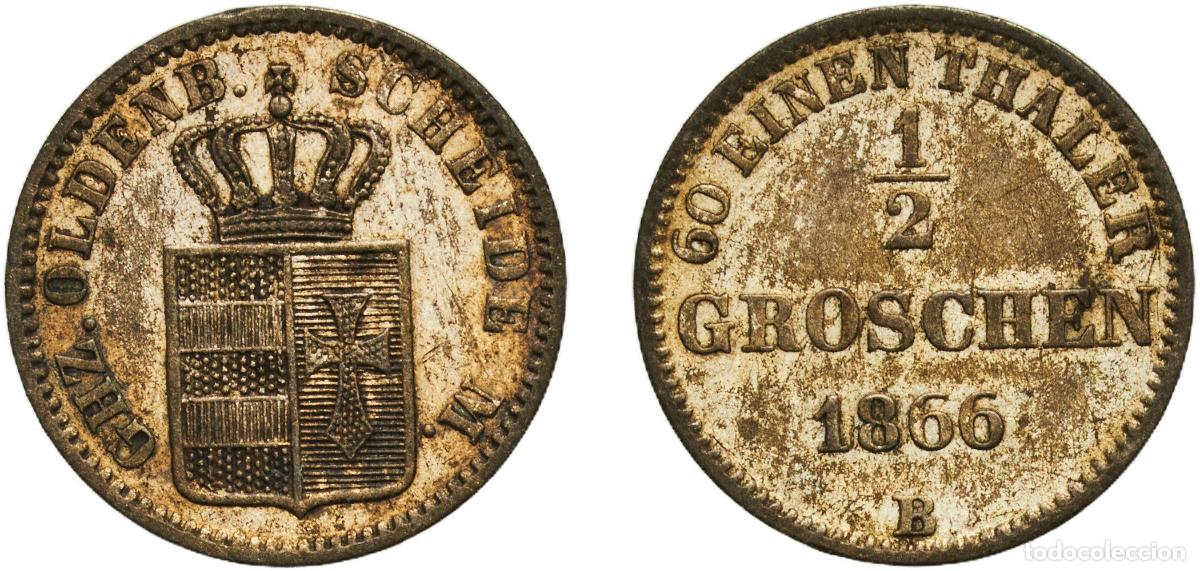 Monedas antiguas de Europa: Germany Grand duchy of Oldenburg German states 1866 B &frac12; Groschen - Peter II Billon (.220 silver) Ha