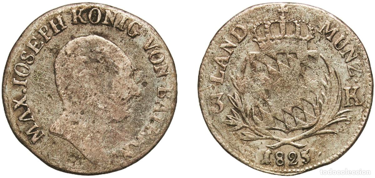 Monedas antiguas de Europa: Germany Kingdom of Bavaria German states 1825 3 Kreuzer - Maximilian I Joseph Billon (.333 silver)