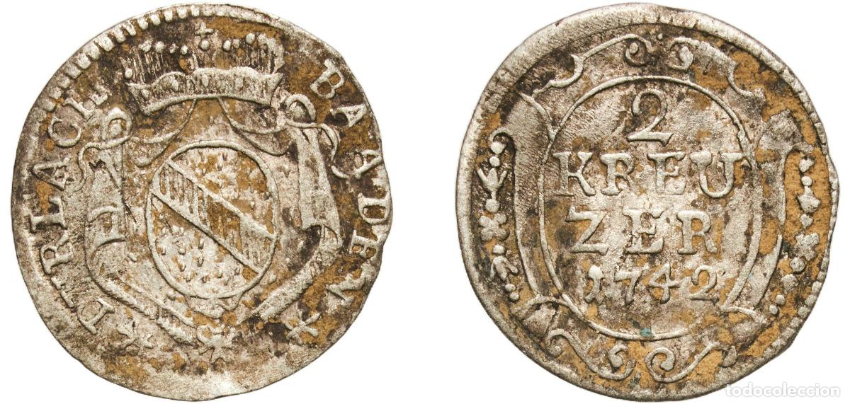 Monedas antiguas de Europa: Germany Margraviate of Baden-Durlach German states 1742 2 Kreuzer - Charles Frederick Silver 0.78g