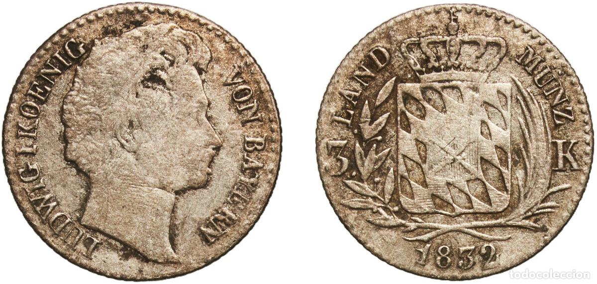 Monedas antiguas de Europa: Germany Kingdom of Bavaria German states 1832 6 Kreuzer - Louis I Billon (.333 silver) Munich Mint