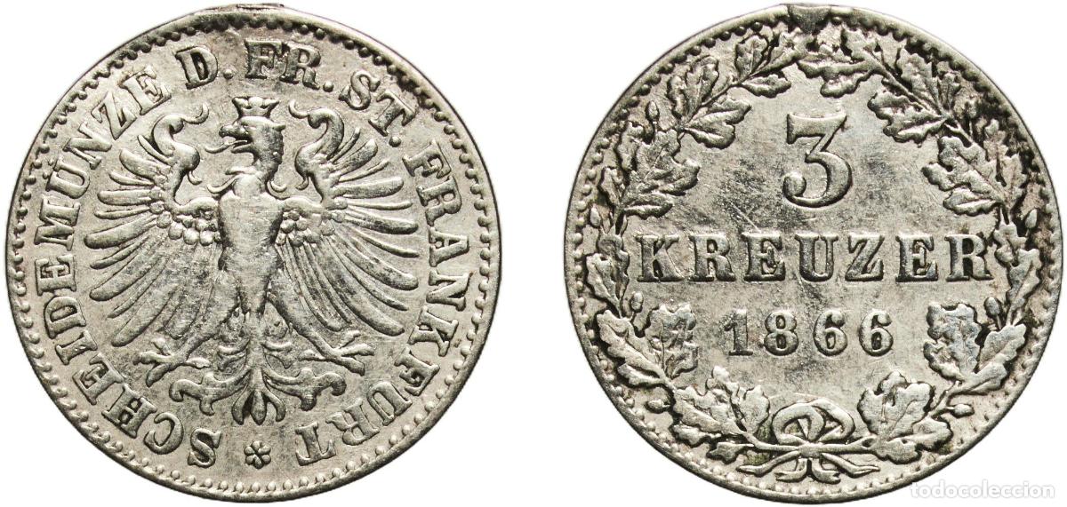 Monedas antiguas de Europa: Germany Free imperial city of Frankfurt German states 1866 3 Kreuzer Billon (.333 silver) (96000) 1