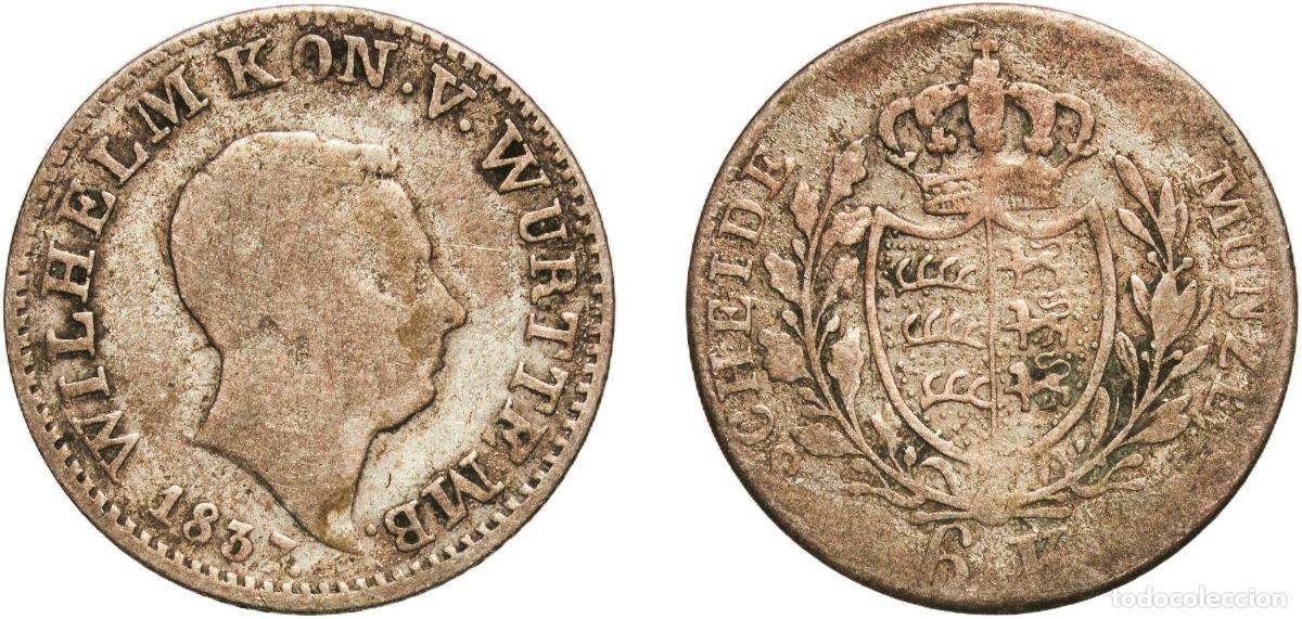 Monedas antiguas de Europa: Germany Kingdom of W&uuml;rttemberg Kingdom of W&uuml;rttemberg Second Empire 1837 6 Kreuzer - William I Bil