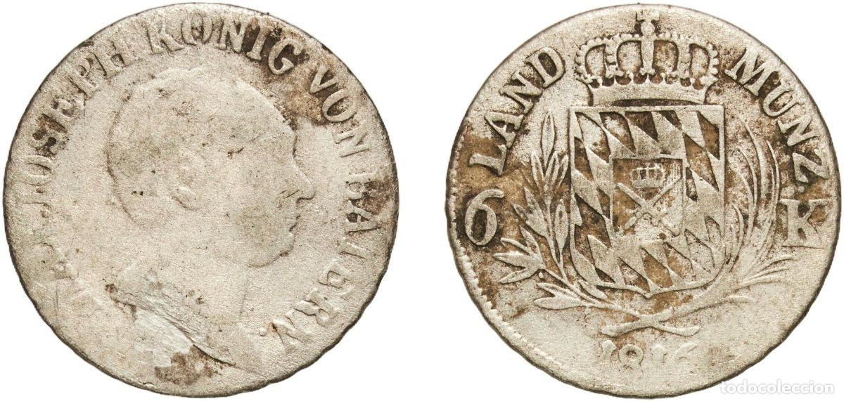 Monedas antiguas de Europa: Germany Kingdom of Bavaria German states 1816 6 Kreuzer - Maximillian I Joseph Billon (.333 silver)