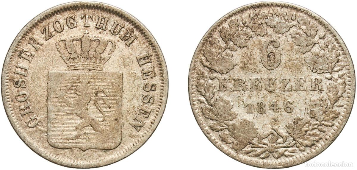 Monedas antiguas de Europa: Germany Grand Duchy of Hesse-Darmstadt German states 1846 6 Kreuzer - Louis II Billon (.350 silver)