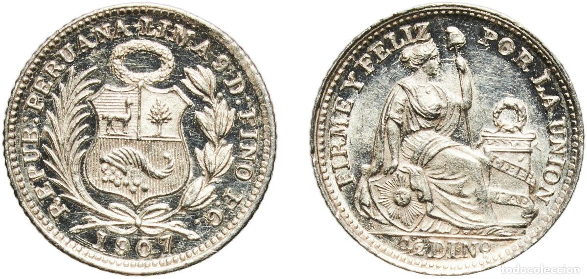 Monedas antiguas de Europa: Peru Republic 1907 FG ⅕ Sol Silver (.900) 1.29g UNC KM 205