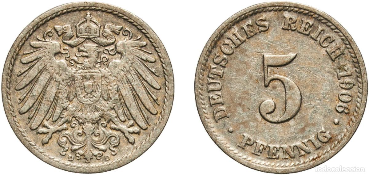 Monedas antiguas de Europa: Germany Second Empire 1906 D 5 Pfennig - Wilhelm II (type 2 - small shield) Copper-nickel (Cu 750,