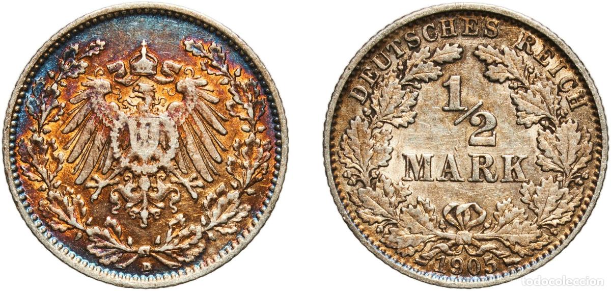 Monedas antiguas de Europa: Germany Second Empire 1905 A &frac12; Mark - Wilhelm II (type 2 - small shield) Silver (.900) (Ag 900, Cu