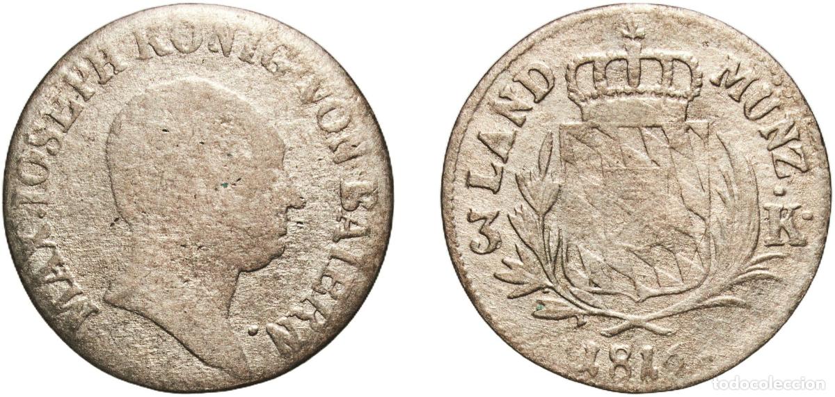 Monedas antiguas de Europa: Germany Kingdom of Bavaria German states 1816 3 Kreuzer - Maximilian I Joseph Billon (.333 silver)