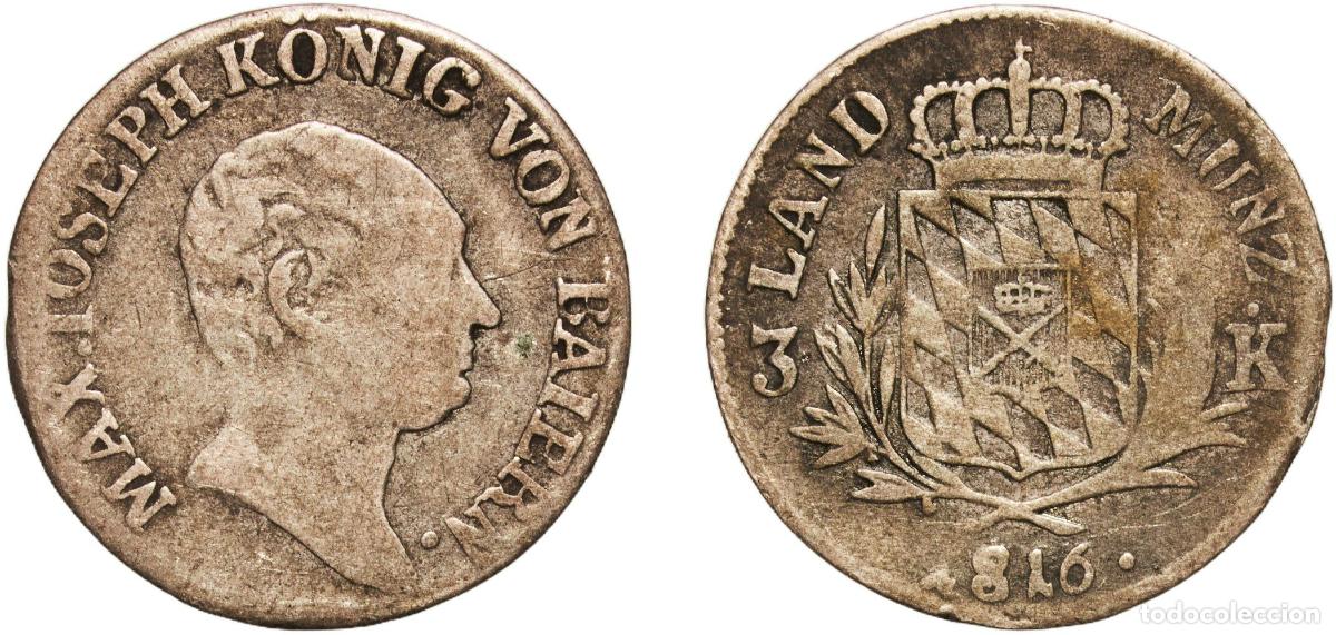 Monedas antiguas de Europa: Germany Kingdom of Bavaria German states 1816 6 Kreuzer - Maximillian I Joseph Billon (.333 silver)
