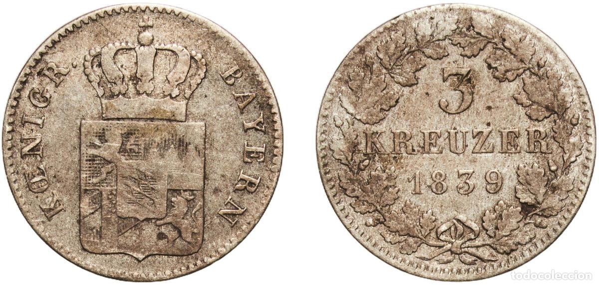 Monedas antiguas de Europa: Germany Kingdom of Bavaria German states 1839 1 Kreuzer - Louis I, Maximilian II Billon (.166 silve