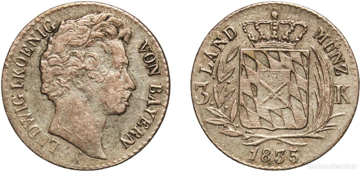 Monedas antiguas de Europa: Germany Kingdom of Bavaria German states 1835 6 Kreuzer - Louis I Billon (.333 silver) Munich Mint